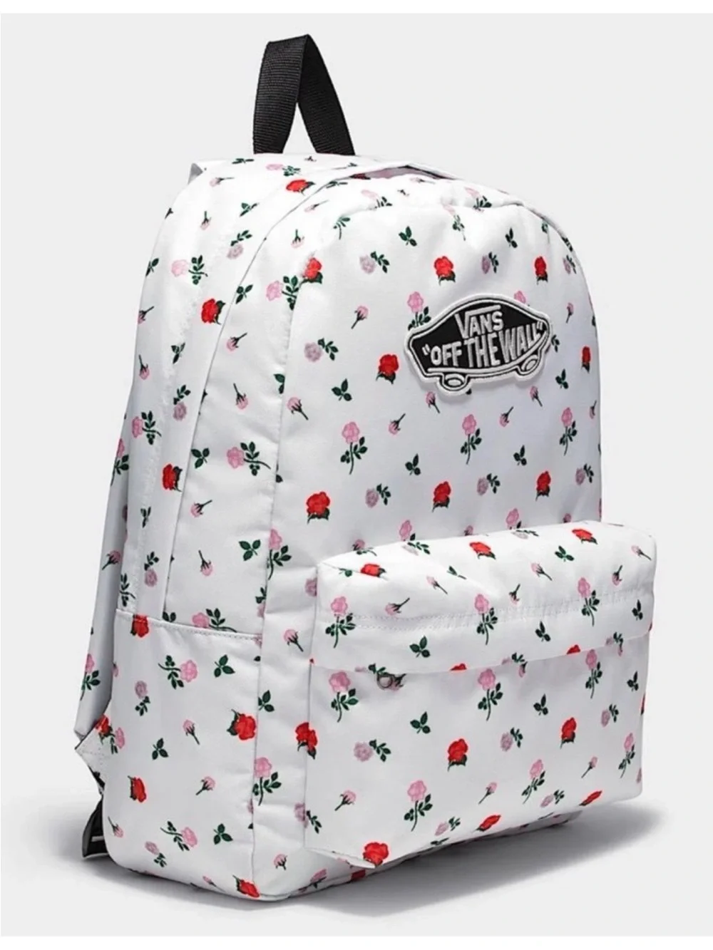 Vans White Floral Backpack with Red and Pink Roses